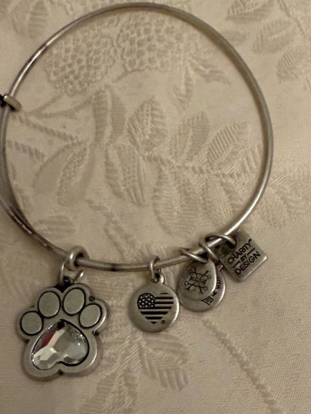 Alex and Ani Silver Paw & Heart Charm Bangle with American Flag Tag